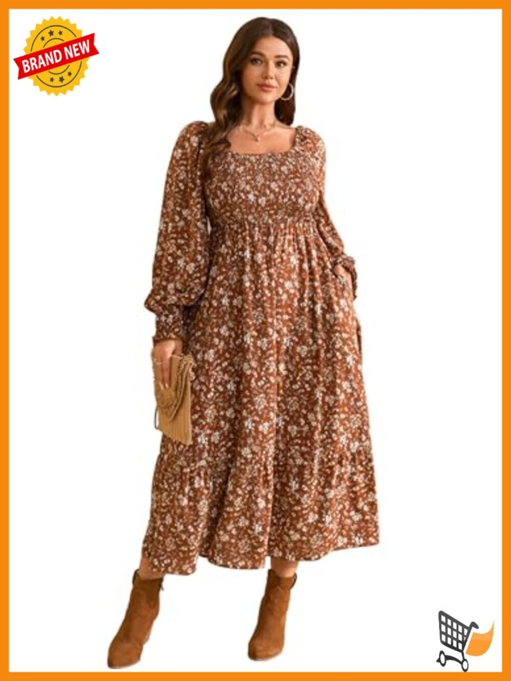 Plus Size Long Sleeve Smocked Boho Floral Maxi Dress Square Neck Tiered
